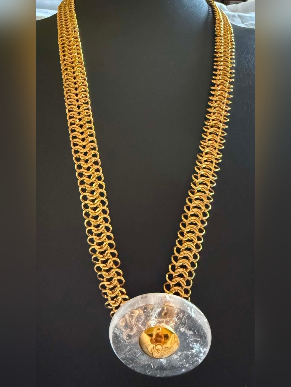 St. John Gold-Tone Chain Necklace with Clear Disc and Gold Accent